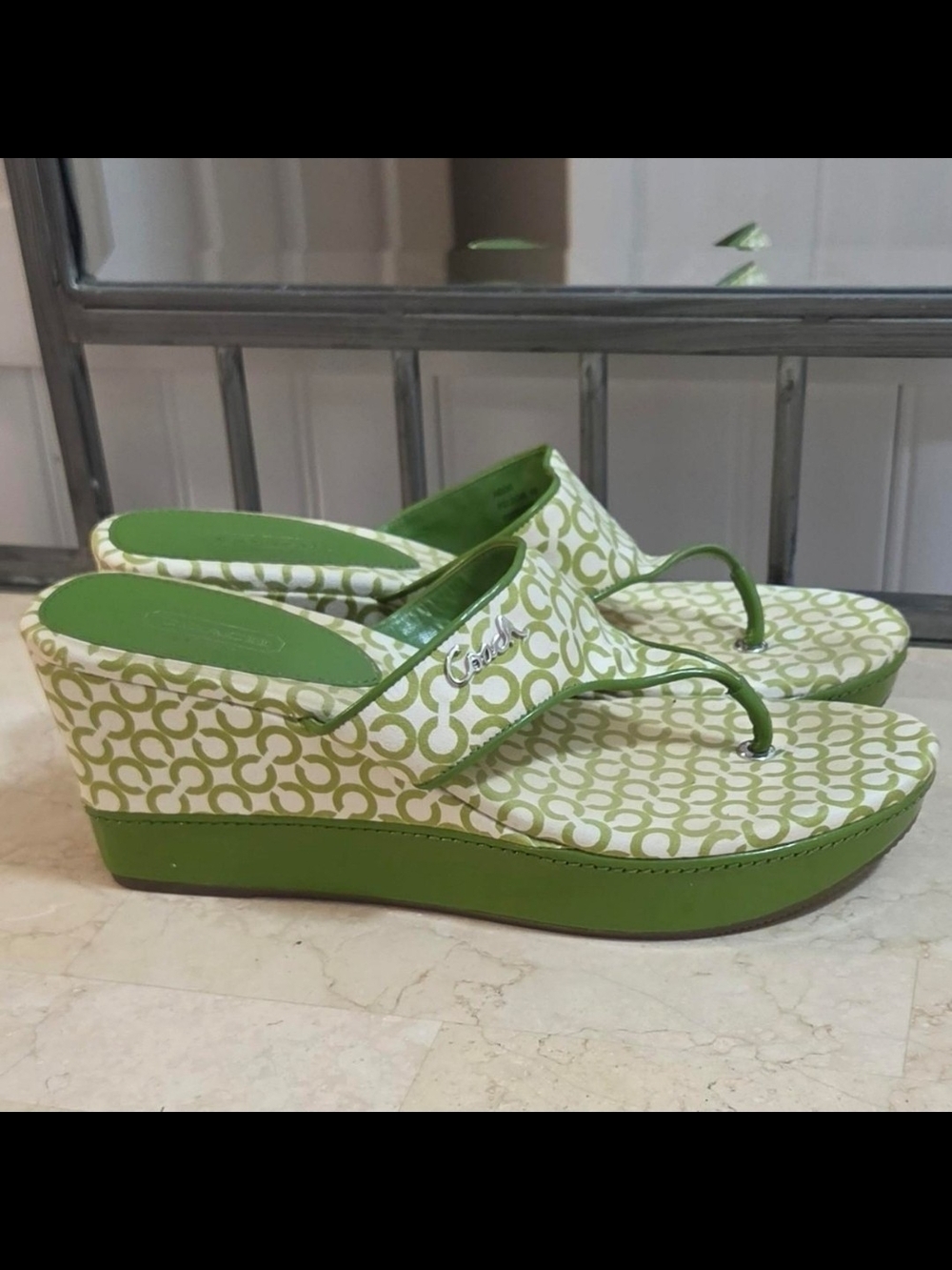 COACH Green Signature Pattern Wedge Thong Sandals